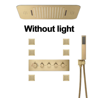 Brushed Gold Thermostatic Bluetooth Music Shower System Smart LED 23"x15" Ceiling Rain Shower Panel 5 function diverter, hand spray and 6 jet massage spray spa system set