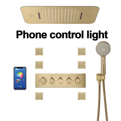 Brushed Gold Thermostatic Bluetooth Music Shower System Smart LED 23"x15" Ceiling Rain Shower Panel 5 function diverter, hand spray and 6 jet massage spray spa system set