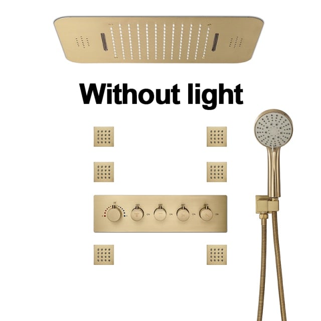 Brushed Gold Thermostatic Bluetooth Music Shower System Smart LED 23"x15" Ceiling Rain Shower Panel 5 function diverter, hand spray and 6 jet massage spray spa system set