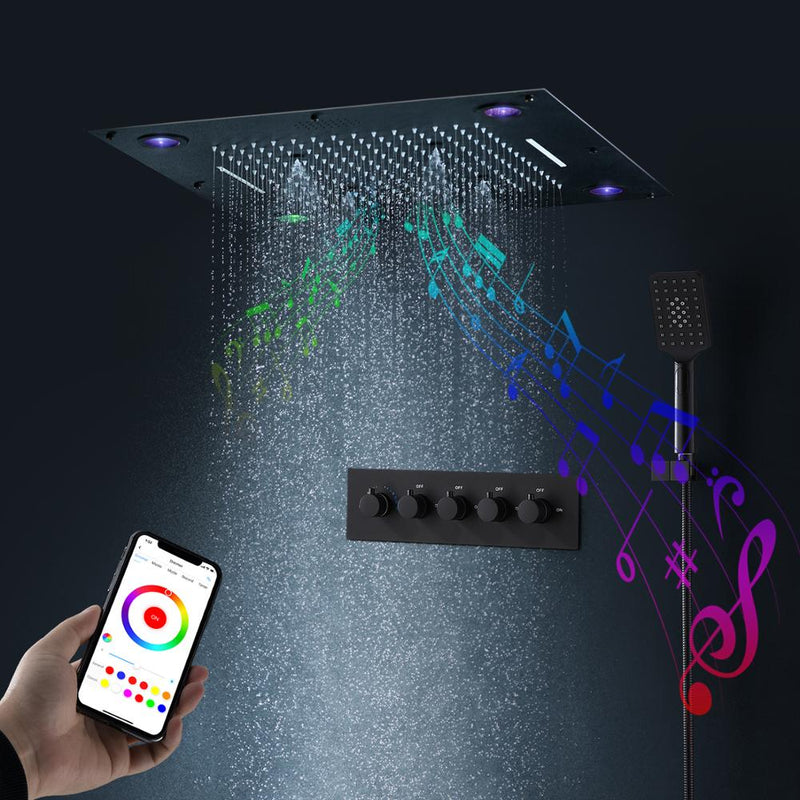 Black 24"x24" Spas smart shower ceiling flush mount Bluetooth Smart LED 5 way function shower system