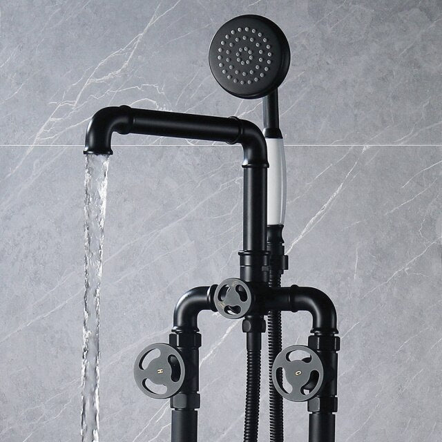 Black Victorian Industrial Style Free Standing Bathtub Filler Faucet