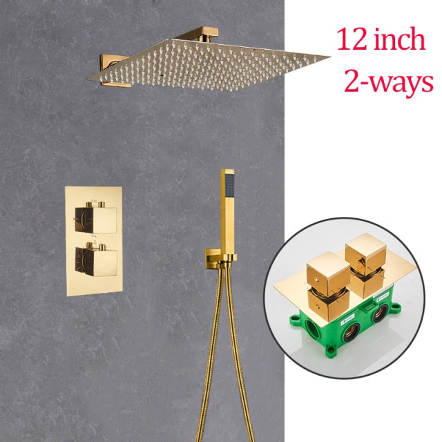 Gold Polished Brass- CSA - Square-Thermostatic Shower System 2 Ways function diverter kit