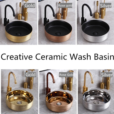 Gold-Rose Gold-Silver Round Ceramic Vessel Sink 14"