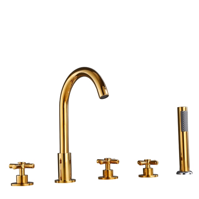 Gold polished 5 pieces deck mount tub filler faucet kit