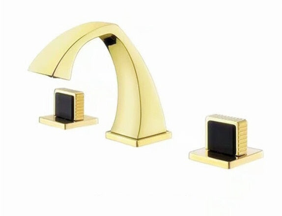 Milano-Gold polished brass with black handle 8" inch wide spread bathroom faucet