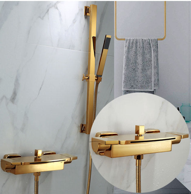 Gold Polished Exposed 2 way function Bathtub filler slide bar spray shower kit