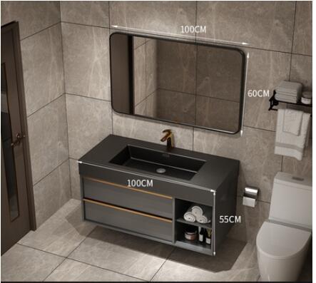 Trento-Grey Gun Wall Hung Bathroom Vanity with Black Quartz Top Set