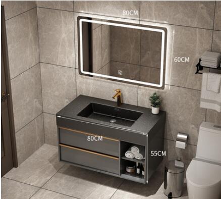 Trento-Grey Gun Wall Hung Bathroom Vanity with Black Quartz Top Set