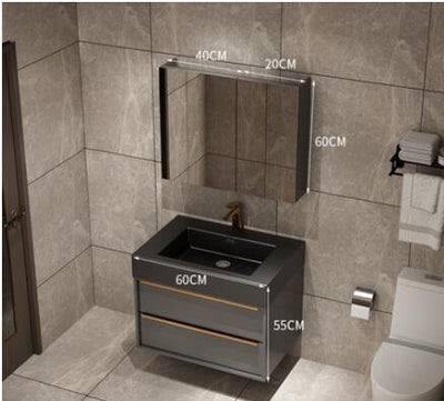 Trento-Grey Gun Wall Hung Bathroom Vanity with Black Quartz Top Set