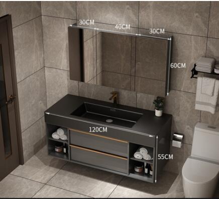 Trento-Grey Gun Wall Hung Bathroom Vanity with Black Quartz Top Set