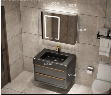 Trento-Grey Gun Wall Hung Bathroom Vanity with Black Quartz Top Set