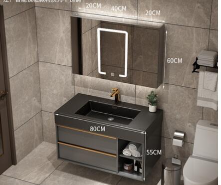 Trento-Grey Gun Wall Hung Bathroom Vanity with Black Quartz Top Set