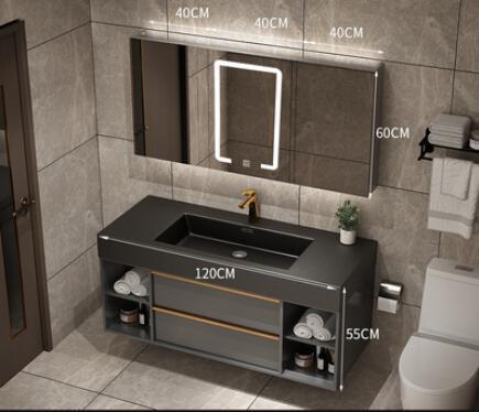 Trento-Grey Gun Wall Hung Bathroom Vanity with Black Quartz Top Set