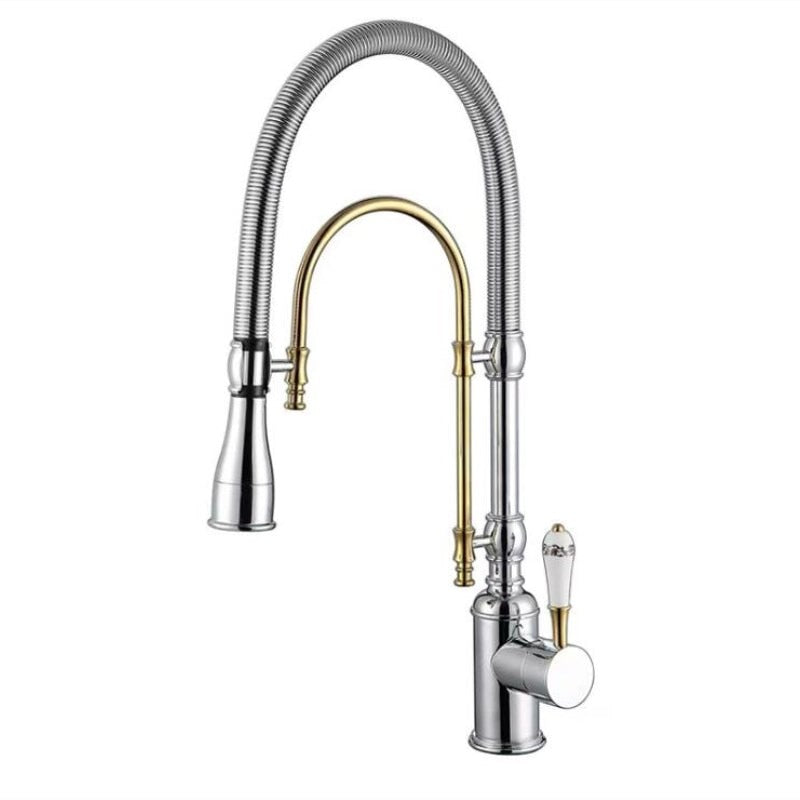 Gold Polished -Chrome with Gold Tall Kitchen Faucet Island with porcelain handle