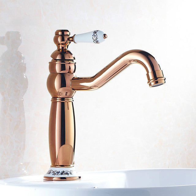 Rose Gold-Gold Polished with Porcelain Victorian single hole bathroom faucet