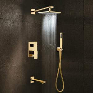 Gold polished 3 way diverter function rain, tub and hand spray pressure balance shower kit