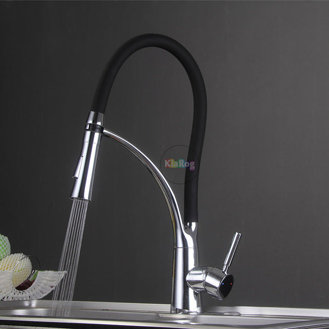 Orange rubber hose pull out dual sprayer kitchen faucet