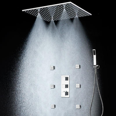 Chrome 20'' Shower Rain Head Sprayer 2 Way Mode Mixer Thermostatic Shower System With 6 Body Jets Sprayers Kit