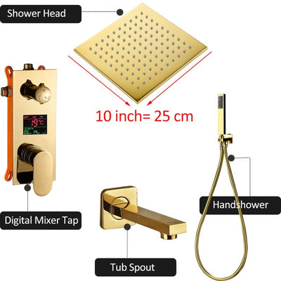 Gold Polished LCD display temperature control 2 and 3 way shower kit