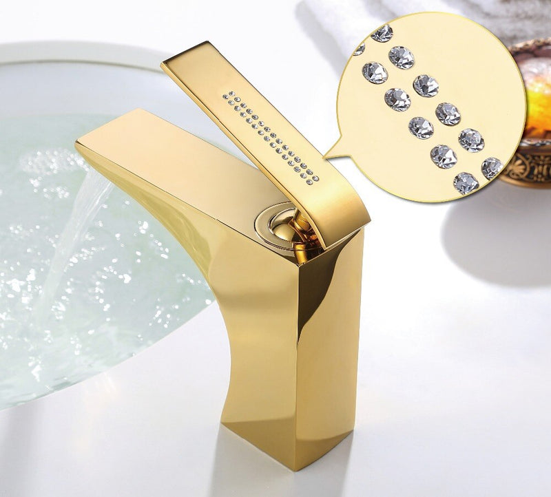 Gold Polished brass  square single hole lavatory Crystal handles