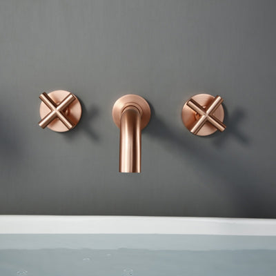 Copper Satin Wall Mounted Cross Handles Lavatory Faucet Set