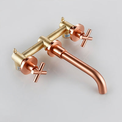 Brushed Rose Gold Wall Mounted Cross Handles Lavatory Faucet Set