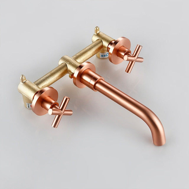 Copper Satin Wall Mounted Cross Handles Lavatory Faucet Set