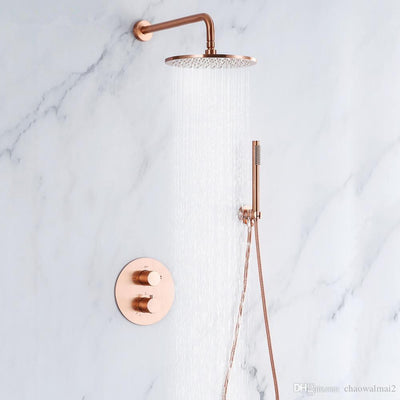 Brushed Rose Gold Satin  12" Round rain Head 2 Way Function Diverter with hand spray thermostatic  shower kit